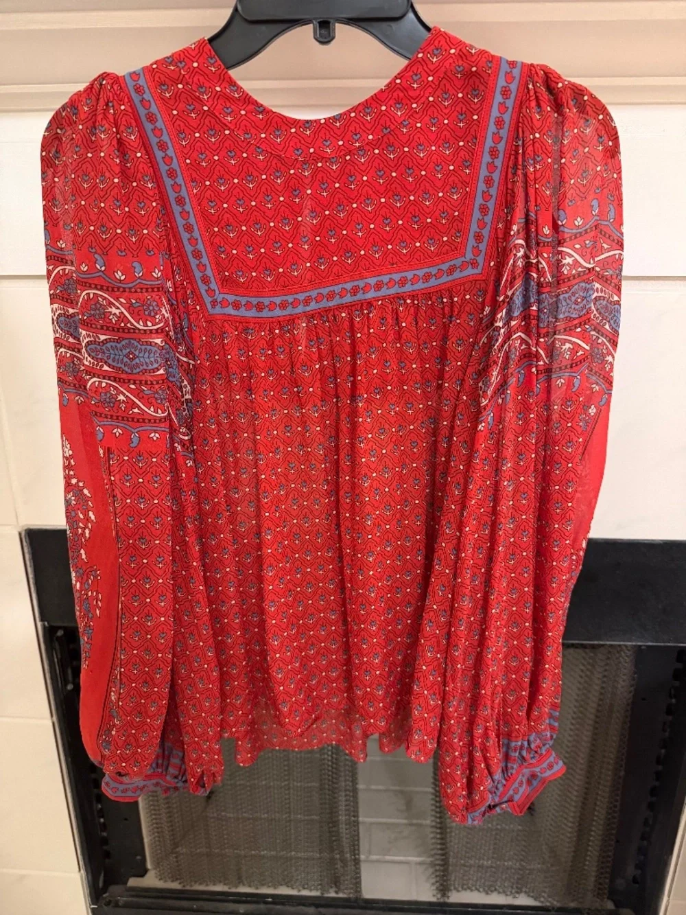 Ulla Johnson Caspia Silva Border Print Silk Blouse Red Blue Size 6